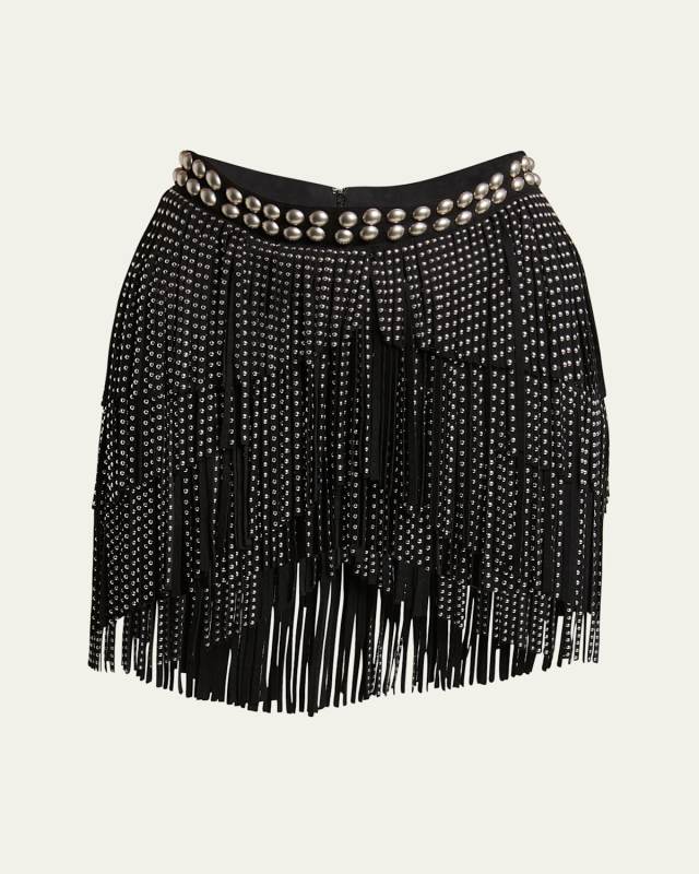Carmelia Studded Fringe Asymmetric Mini Skirt